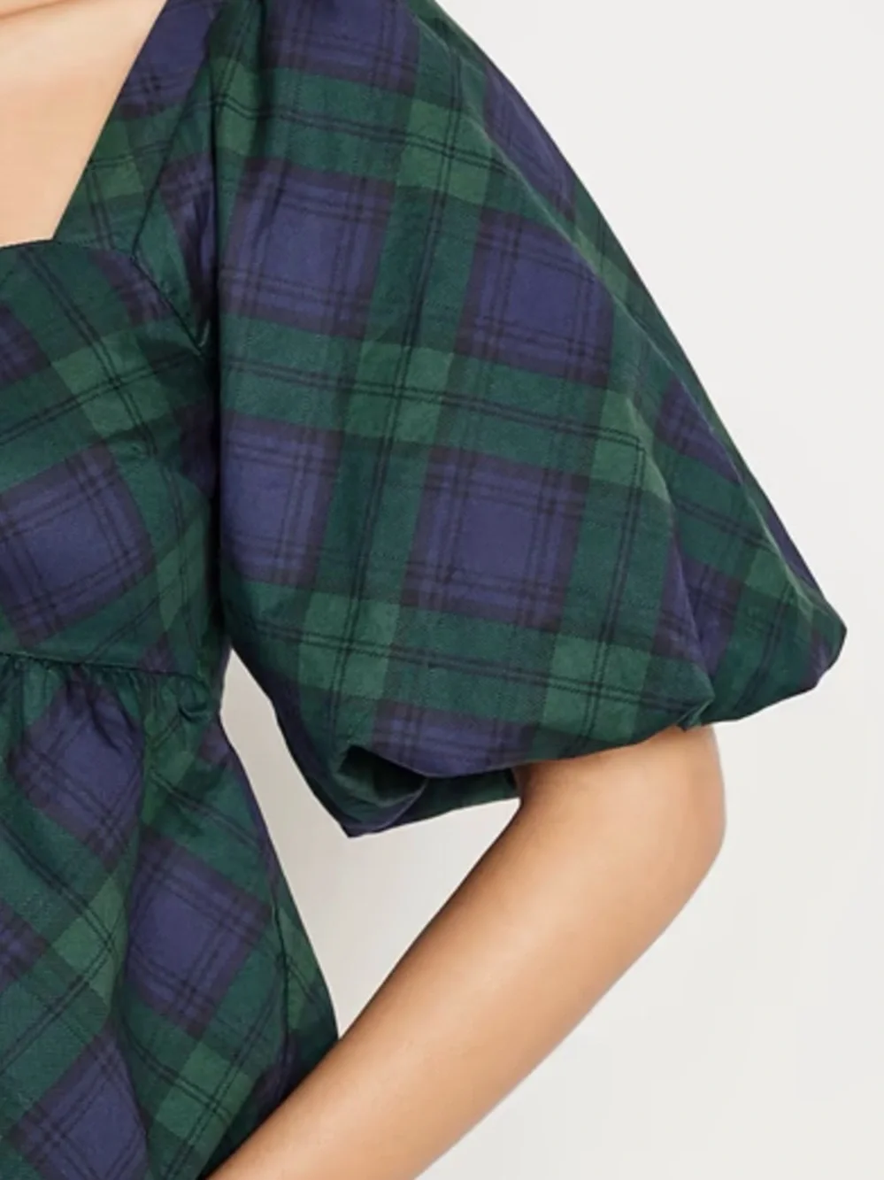 Old Navy Puff-Sleeve Plaid Poplin Peplum Top